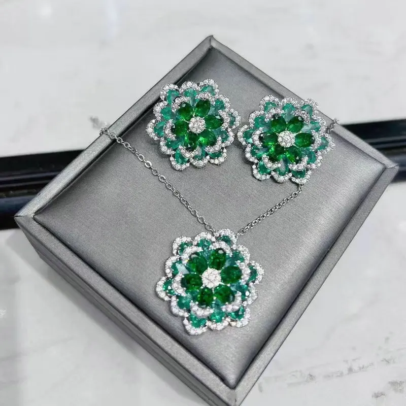 Fashion Cubic Zirconia Green Flower Necklace and Earring Set for Women Wedding Jewelry