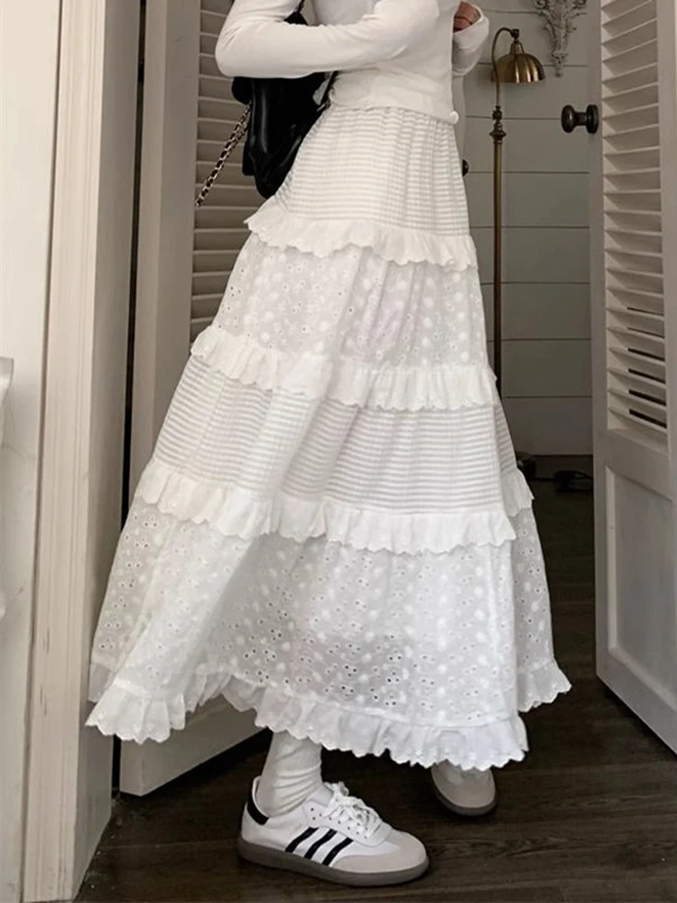 Jmprs Elegant Korean White Long Skirt Women Sweet Design Casual Skirts Fashion Preppy Style High Waist Female A Line Cake Skirt