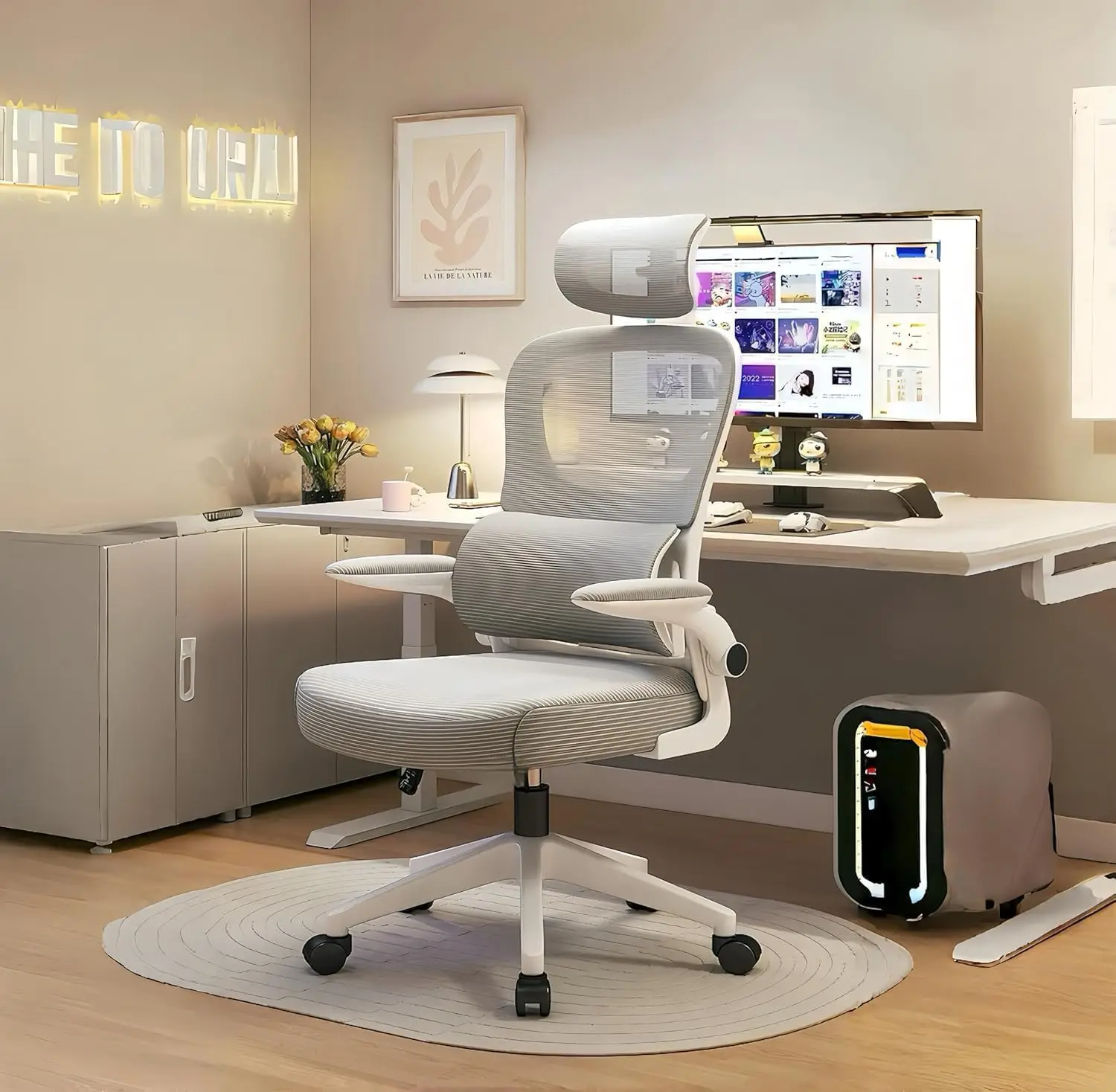 Chair with Fabric，Office Chair with Armrest & Adjustable Seat, Ergonomic Video Game Chair with Neck and Massage Lumbar Support