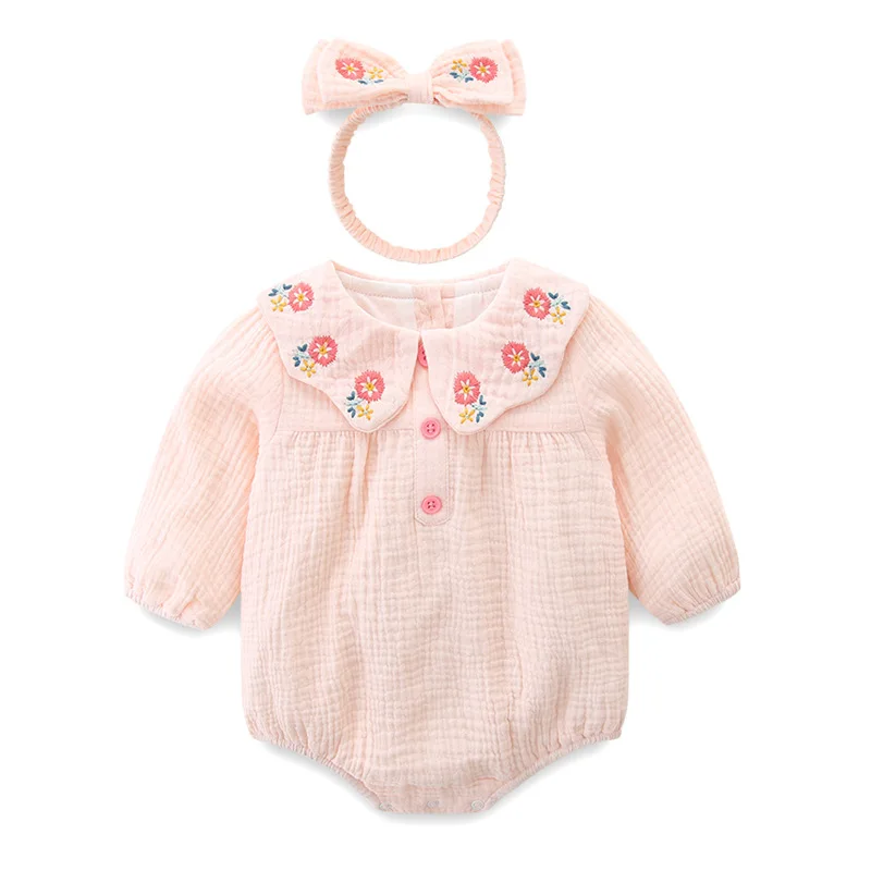 Newborn Baby Girl Bodysuits+Hair band Flower Embroidery Cotton Long Sleeve Infant Baby Girls Jumpsuit Spring Autumn Baby Clothes