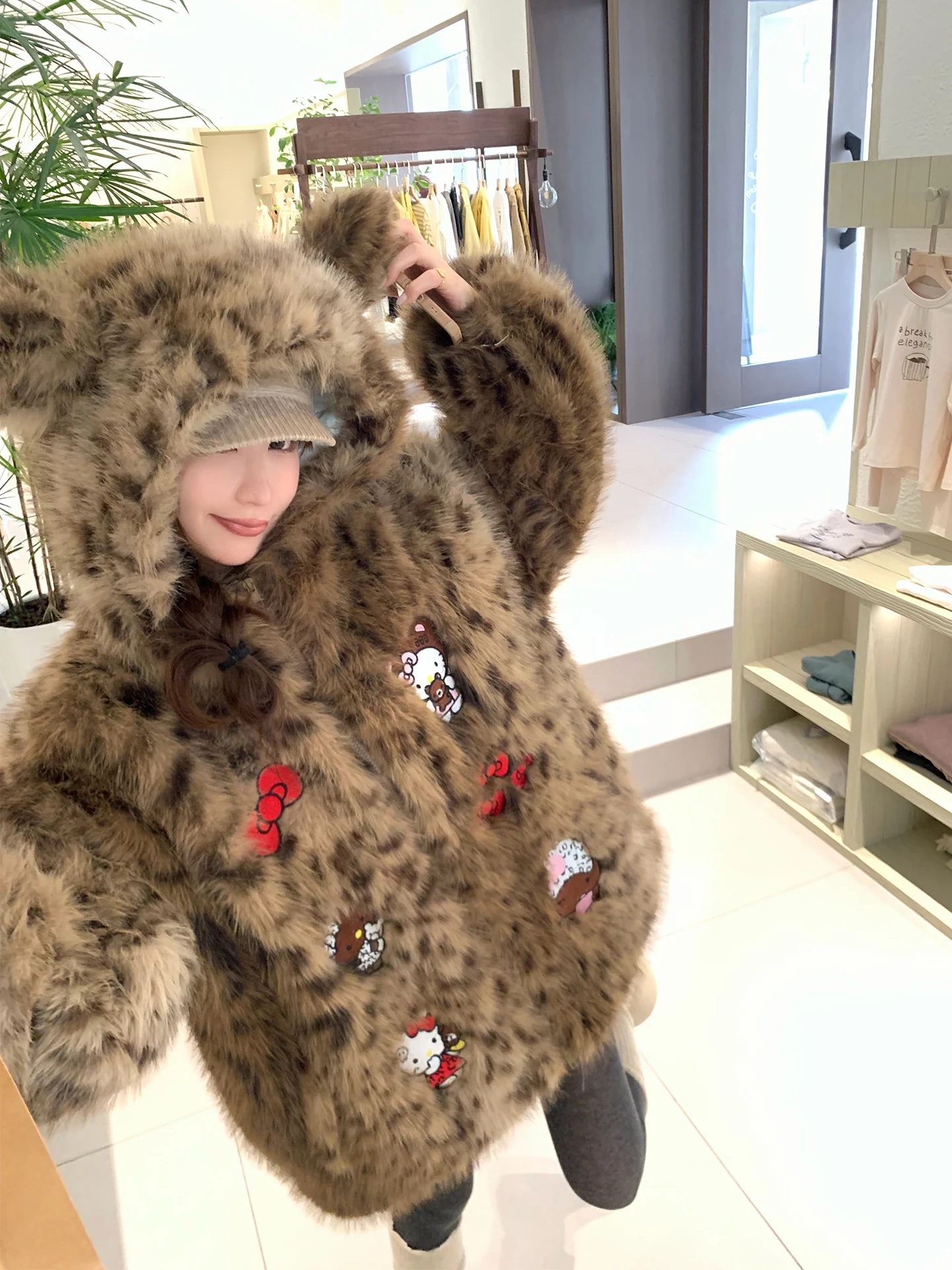 

Xuekeke Leopard Print Hooded Fur Kit Jaet Women's Winter Warm Retro Sli Sweet Cool Loose Top Fem Outerwear