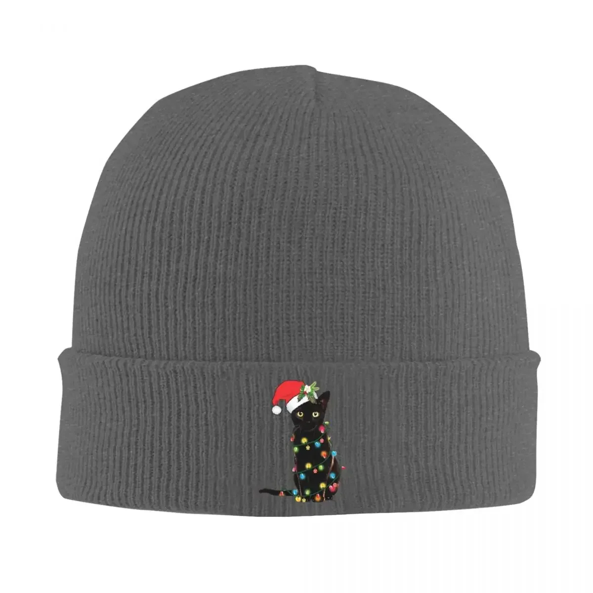 Black Santa Cat Tangled Up In Lights Christmas Santa Warm Knitted Cap Bonnet Hat Autumn Winter Beanies Hats for Men Women Adult