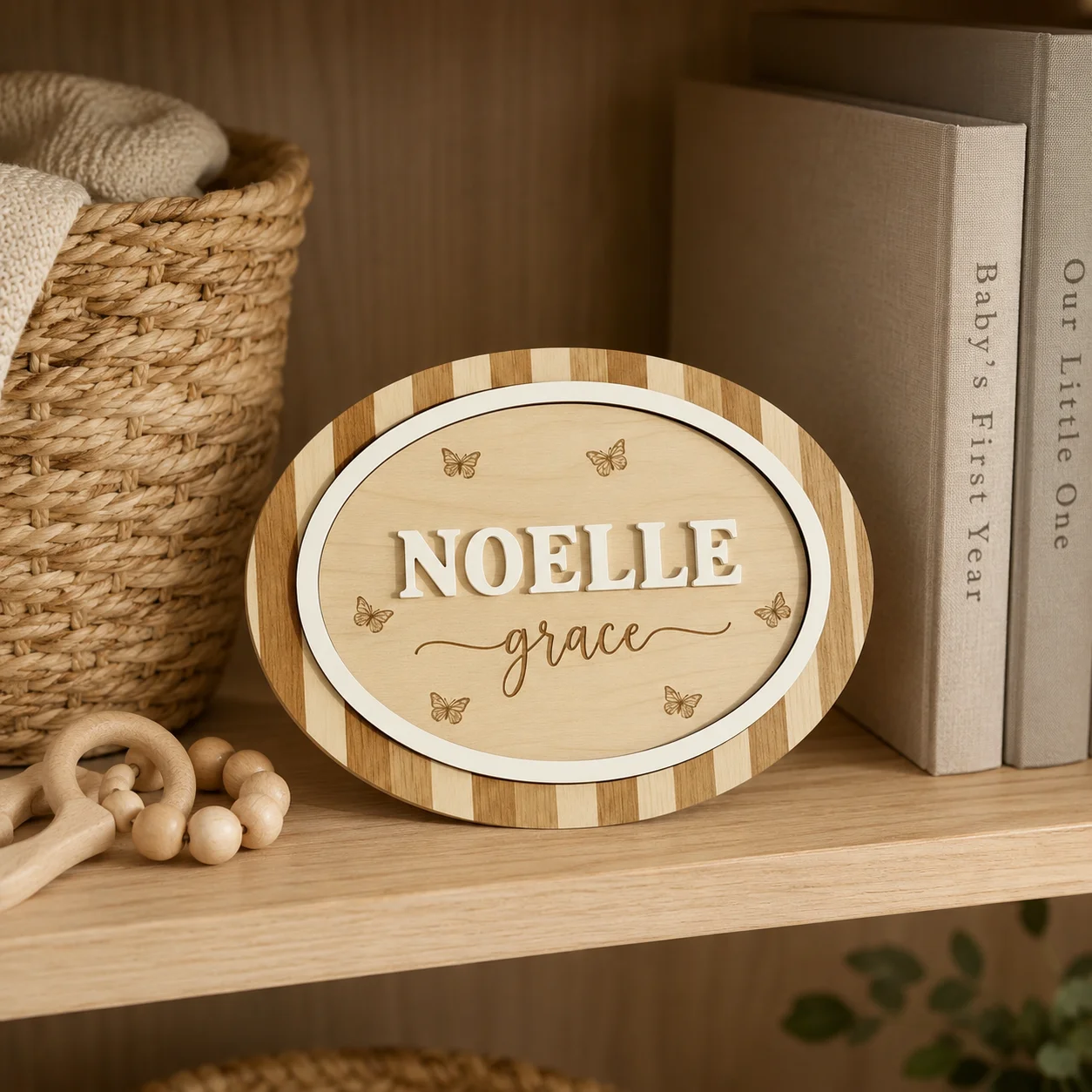 Custom Striped Oval Baby Name Wooden Name Plaque,Engraved Butterfly Personalized Nursery Decor,Newborn Baby Shower Keepsake Gift
