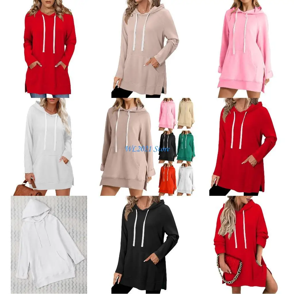

G5GC Womens Hooded Shirts Casual Loose Fashion Color V-Neck Drawstring Pocket Long Sleeve Fall Pullover Blouse Top