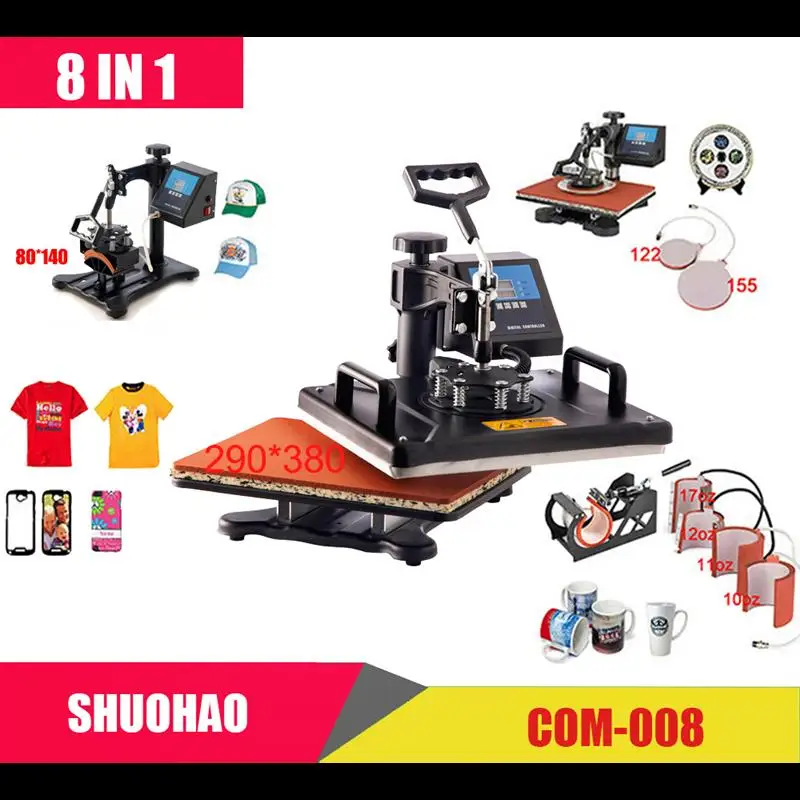 Top! Cheap 30*38CM 8 in 1 Combo Heat press Machine Sublimation Printer 2D Heat Transfer Machine for Cap Mug Plate Tshirts CE