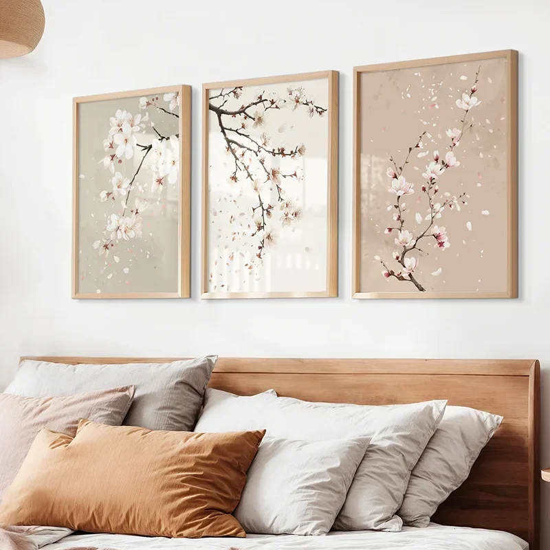 Large-sized frameless 3pcs  3PCS Japandi Wall Art  Flower Print  Wabi Sabi Cherry Poster  Floral Soft Scandi Poster  Canvas P