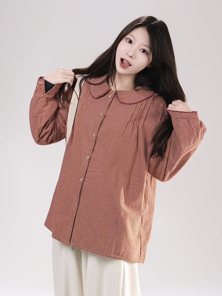 

Warm Plaid Fce Lined Thiened Doll Collar Cotton irt Women's Winter Top Sweet Japanese Sle Loose Fit Long Sve irt