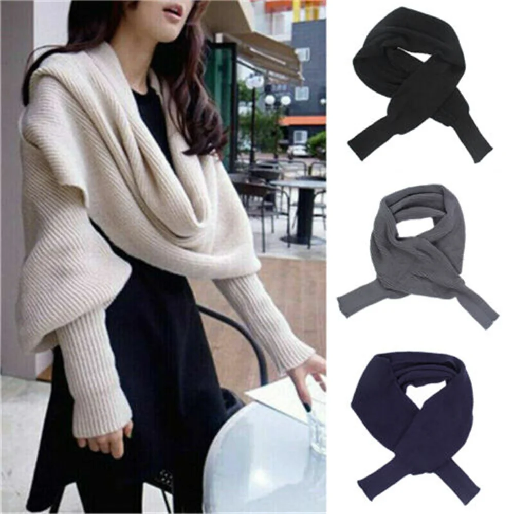 5 Colors Knitted Sweater Tops Casual Shawl Women Long Scarf With Sleeves Wool Knitted Scarves Women Thick Warm Cardigan Outdoor