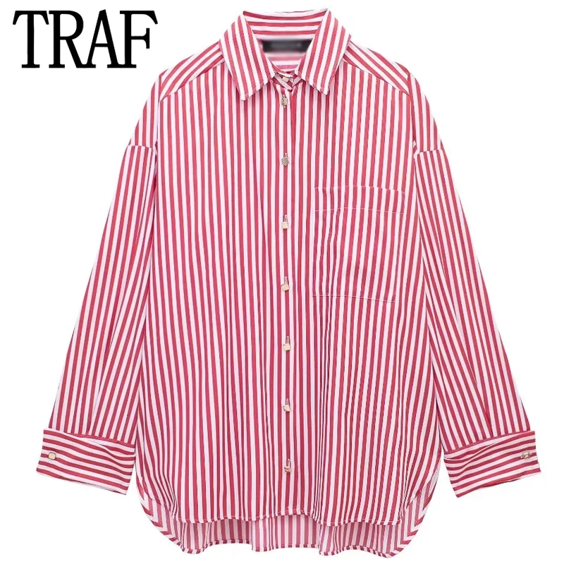 TRAF Striped Long Sleeve Shirt Women\'s Blouse Spring 2024 Loose Lapel Collar Curled Cuffs Top Elegant Women\'s Stylish Blouses