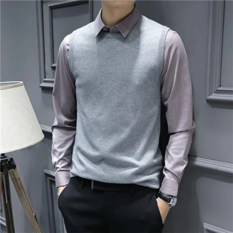 

Мужской весенне-осенний приталенный вязаный жилет с круглым вырезом, кардиган, пуловер без рукавов, однотонный трикотажный топ для делового офиса