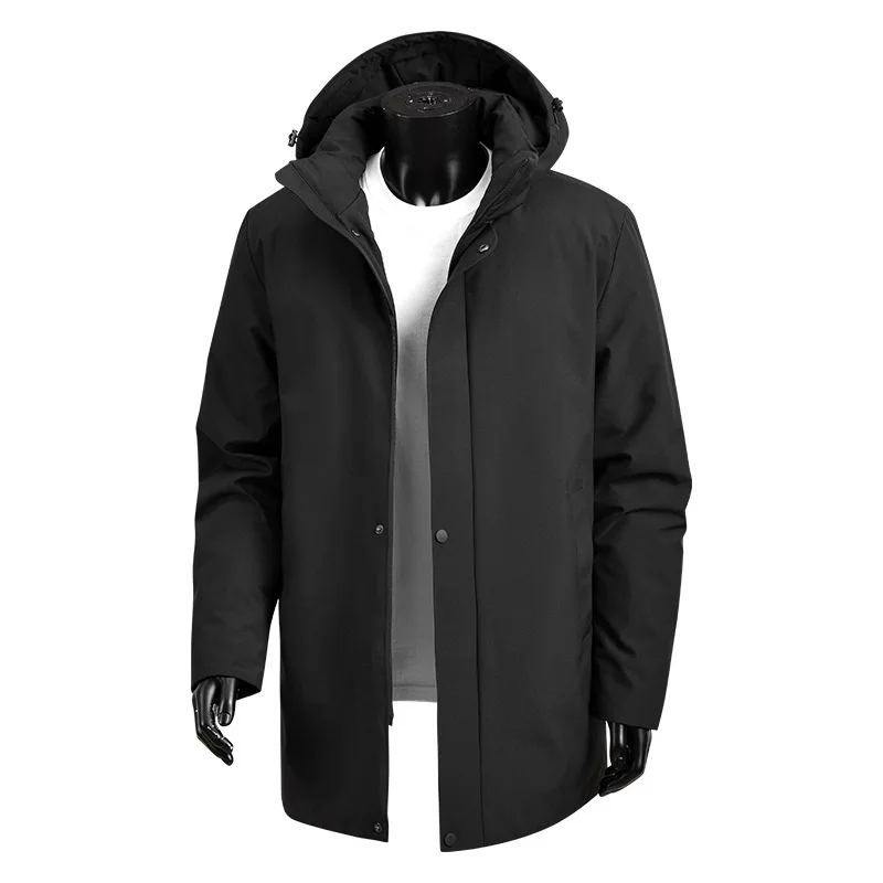 

2025 Man Winter Down Jacket Simple Fashion Long Sleeve Zipper Male Coat Mid Length Windproof Cold-proof Men Hooded Outerwear