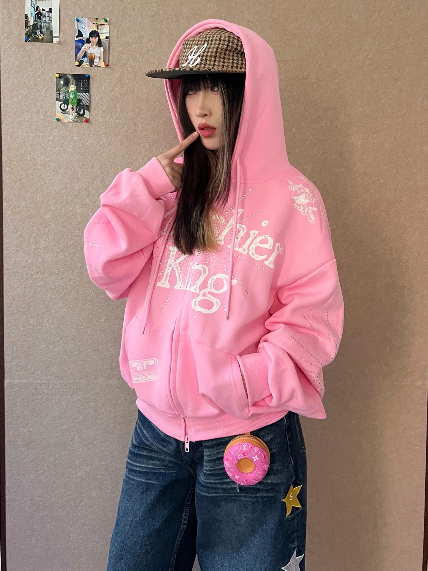 

Retro American Glitter Print Hooded Open Cardigan Sweatirt Loose ex Teen Casual Outerwear Zipper Closure Long Sve
