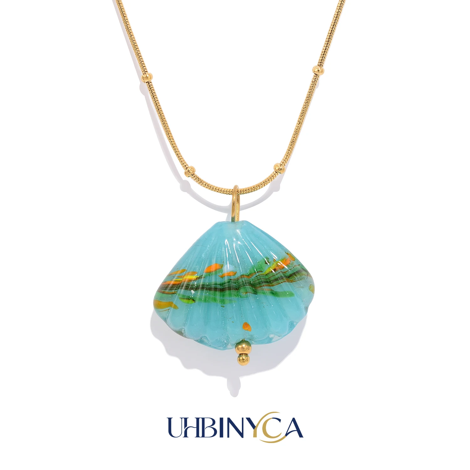 Colorful Glass Shell Pendant Necklace for Women, 18K Gold Plated Stainless Steel Chain, Hypoallergenic Beach Summer Jewelry