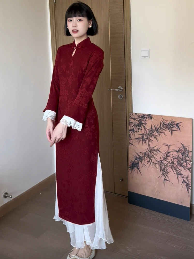 

Red New Chinese Sle Artistic Slimming Dr Women's Gown Long Sve Warm Daily Wear Pure Color South Ci S