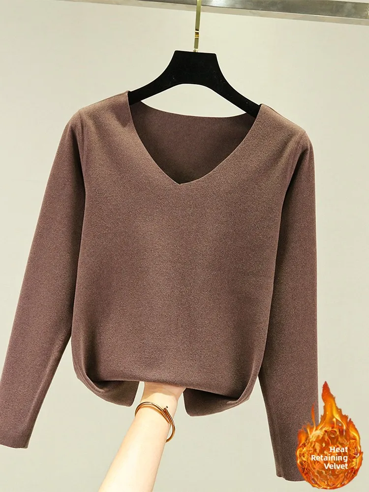 Thiened Double-Sided German Velvet Women's Thermal Underwear Long Sve V-Ne Warm Base irt Close-Fitting Home Wear