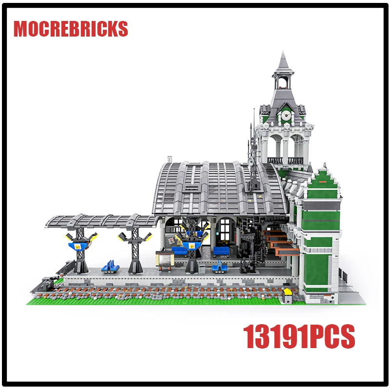 

MOC City Landmark Modular Train Station Building Blocks Model Assembled Granule Bricks Toys Children's Birthday Gifts