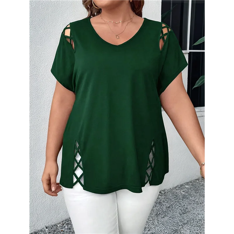 ABRT-Tops túnica femininos de manga curta cortados com decote em V elegantes casuais soltos tops longos