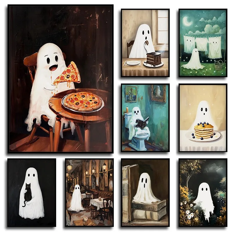 Vintage  Academia Halloween Cute Ghost Eat Pizza Posters and Prints Canvas Printing Wall Art Picture for Living Room Room Decor