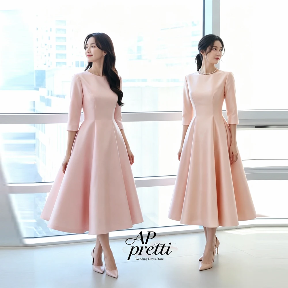 AP pretti Lovely Satin Bridesmaid Dresses O-Neck Customized Regular Sleeve A-line Tea-Length Wedding Guest Dresses Bridal Party