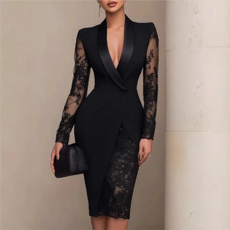 Autumn Solid Lace Patchwork Long-sleeved Women Blazer Dresses Elegant With Waistline Female V-neck Irregular Holiday Party Dress