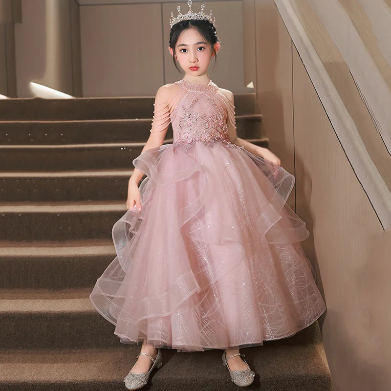 New Elegant Princess Beading sequin Dress Kids Flower Girl Dresses For Girls Children Dress for Christmas Party Long Ball Gown