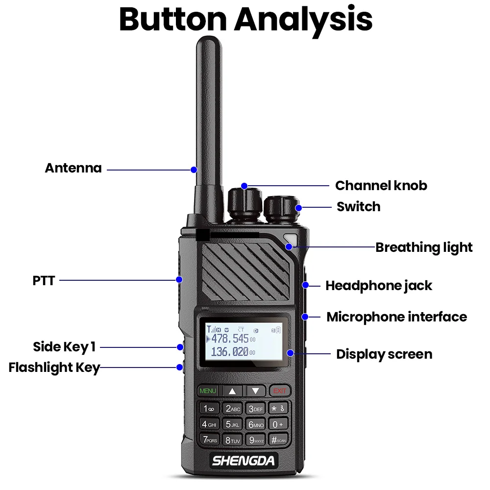 SD-629 トランシーバー ワンキー周波数マッチング チャンネルスキャン UHF/VHF 4バンド 大容量バッテリー内蔵懐中電灯