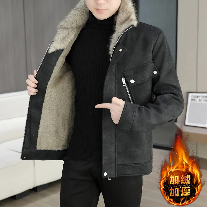 

Модные мужские теплые куртки с меховым воротником и плюшевой подкладкой, зимняя уличная одежда, утепленные флисовые пальто, уличный ветрозащитный топ, замшевые парки