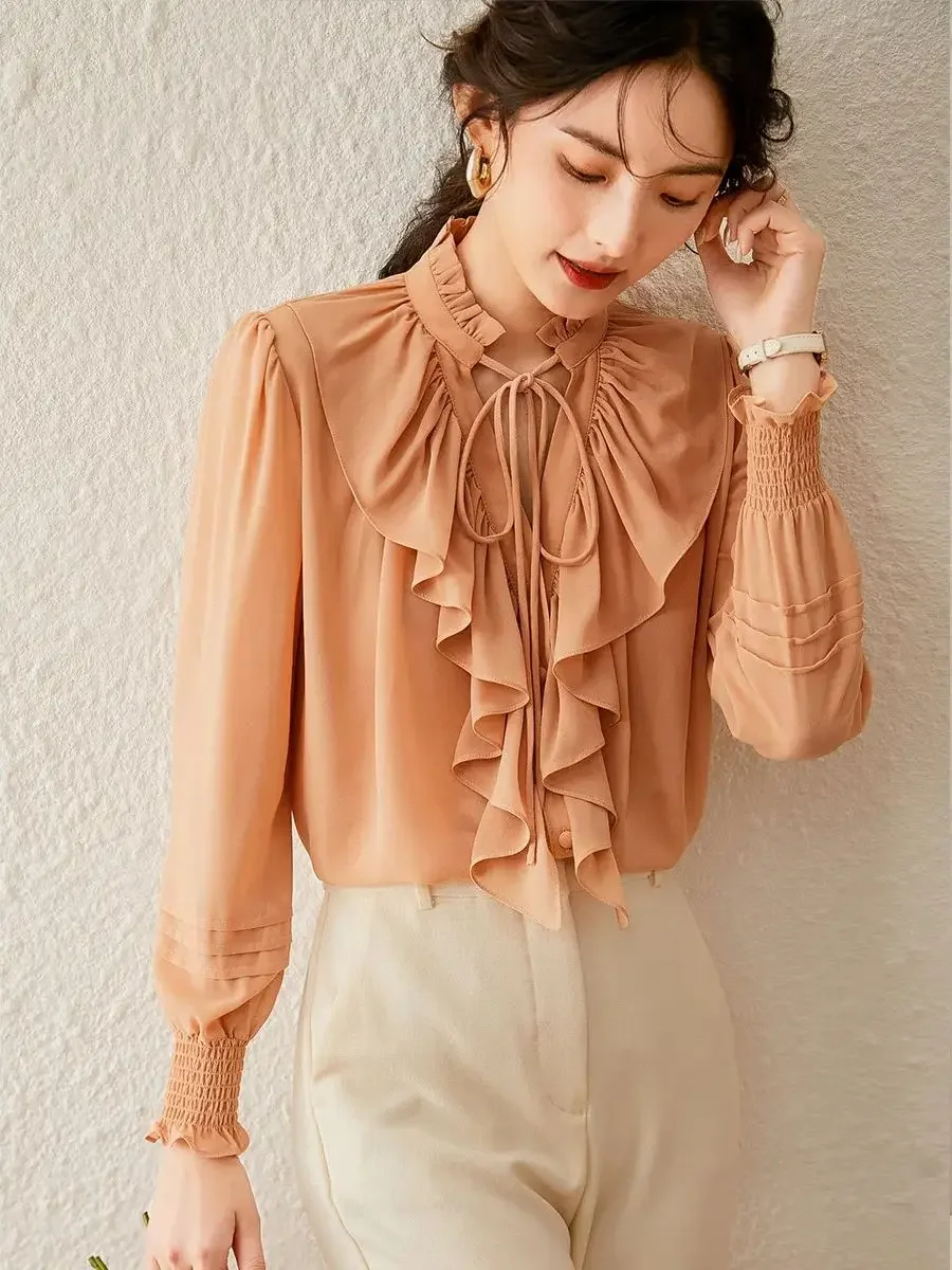 LOUIS YAO Women Shirt 2024 Spring New V Neck Long Sleeve Ruffled Lace-up Blouses Loose Fit Office Lady Elegant Women\'s Top