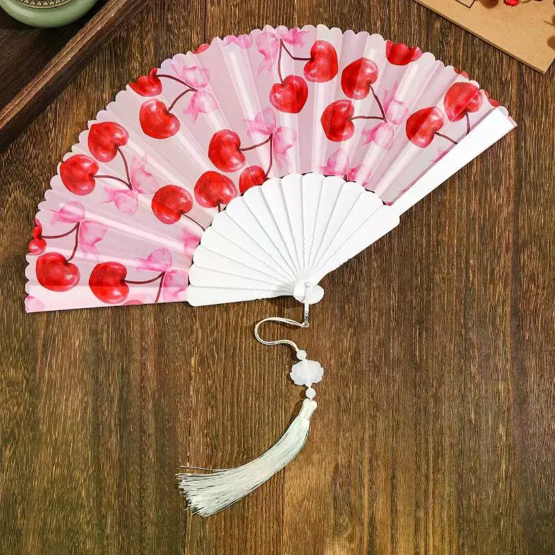 Folding Hand Fan Summer Cherry Lemon Fruit Pattern Portable Plastic Frame Fabric Tassel Cooling Fan For Home Women