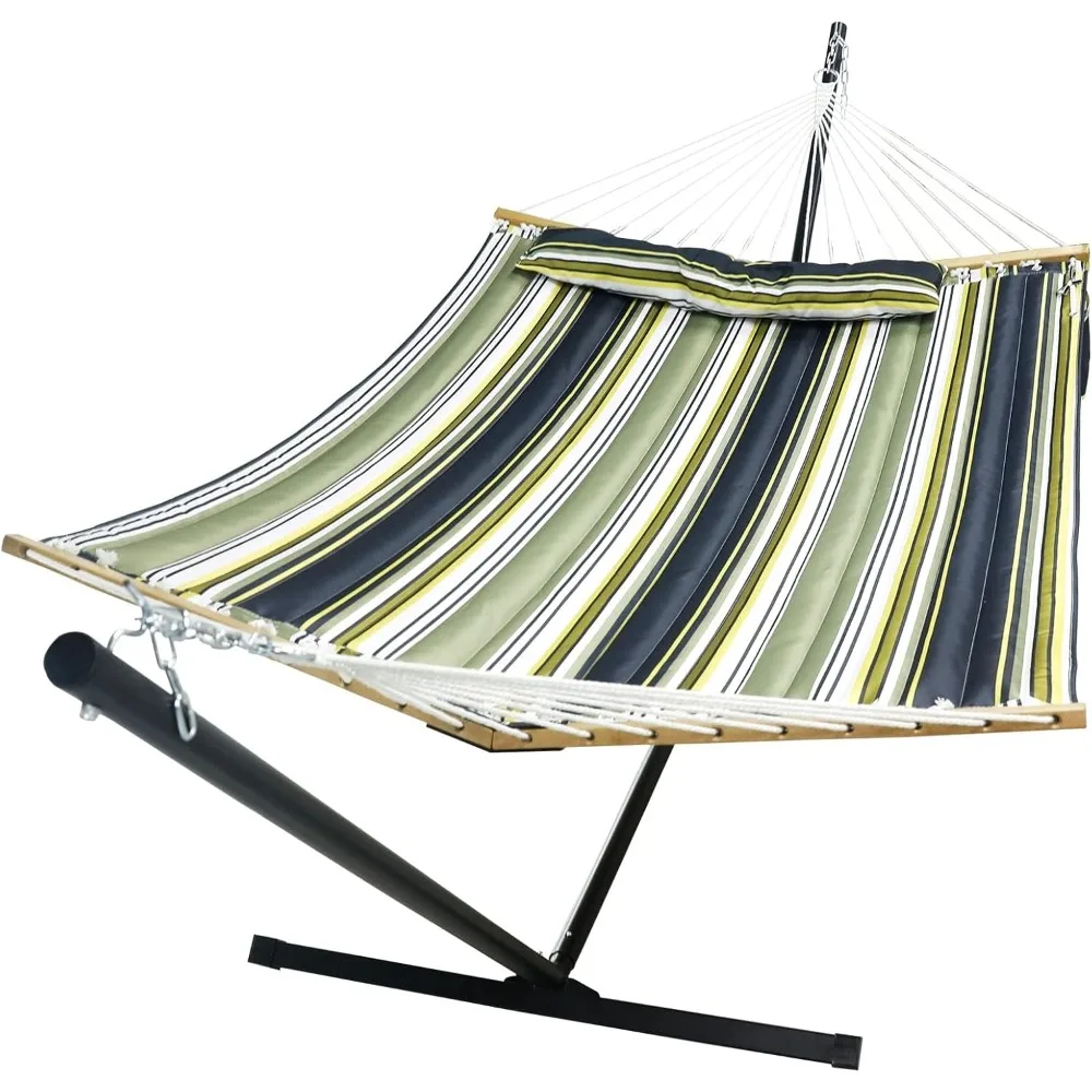 Double Hammock with Stand - Heavy Duty Hammock with Portable Steel Stand - Large Green Striped Hammock with Pillow for Outdoor