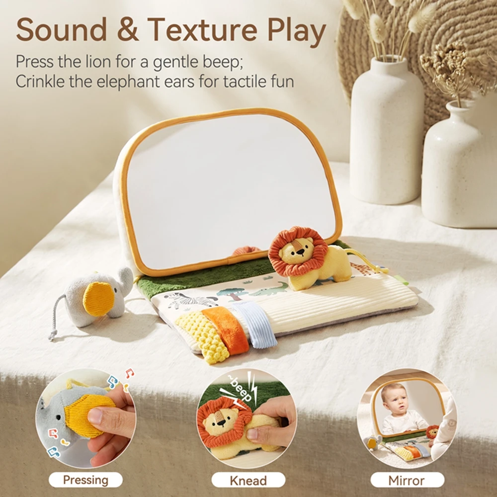 Foldable Baby Tummy Time Mirror Lion Soft Fabric Activity Mirror Safe Unbreakable Mirror Infant Sensory Soothing Training Toy