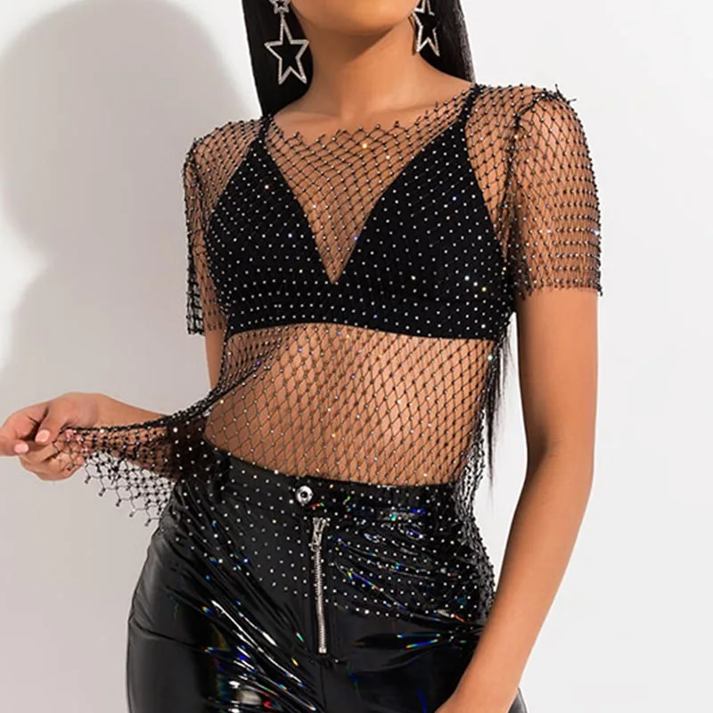 Sexy New Mesh Rhinestone Long Sleeve T Shirt Women Hollow See-through Fishnet Tops Summer Casual Shirt Party Club Women Clothing