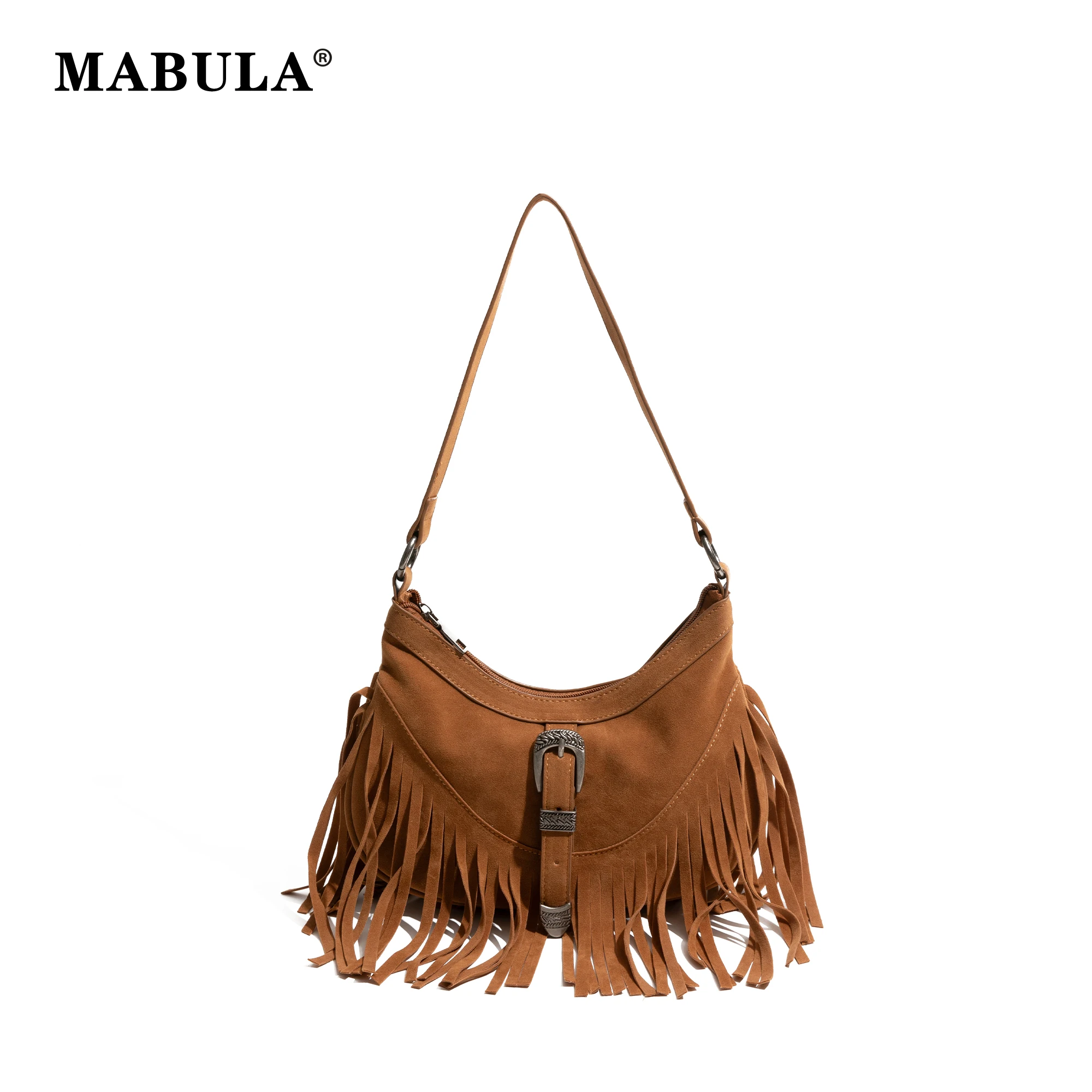 

MABULA Vintage Faux Suede Tassel Hobo Bag For Women Solid Color Ladies Half Moon Phone Purse Fashion Luxury Design Crossbody Bag