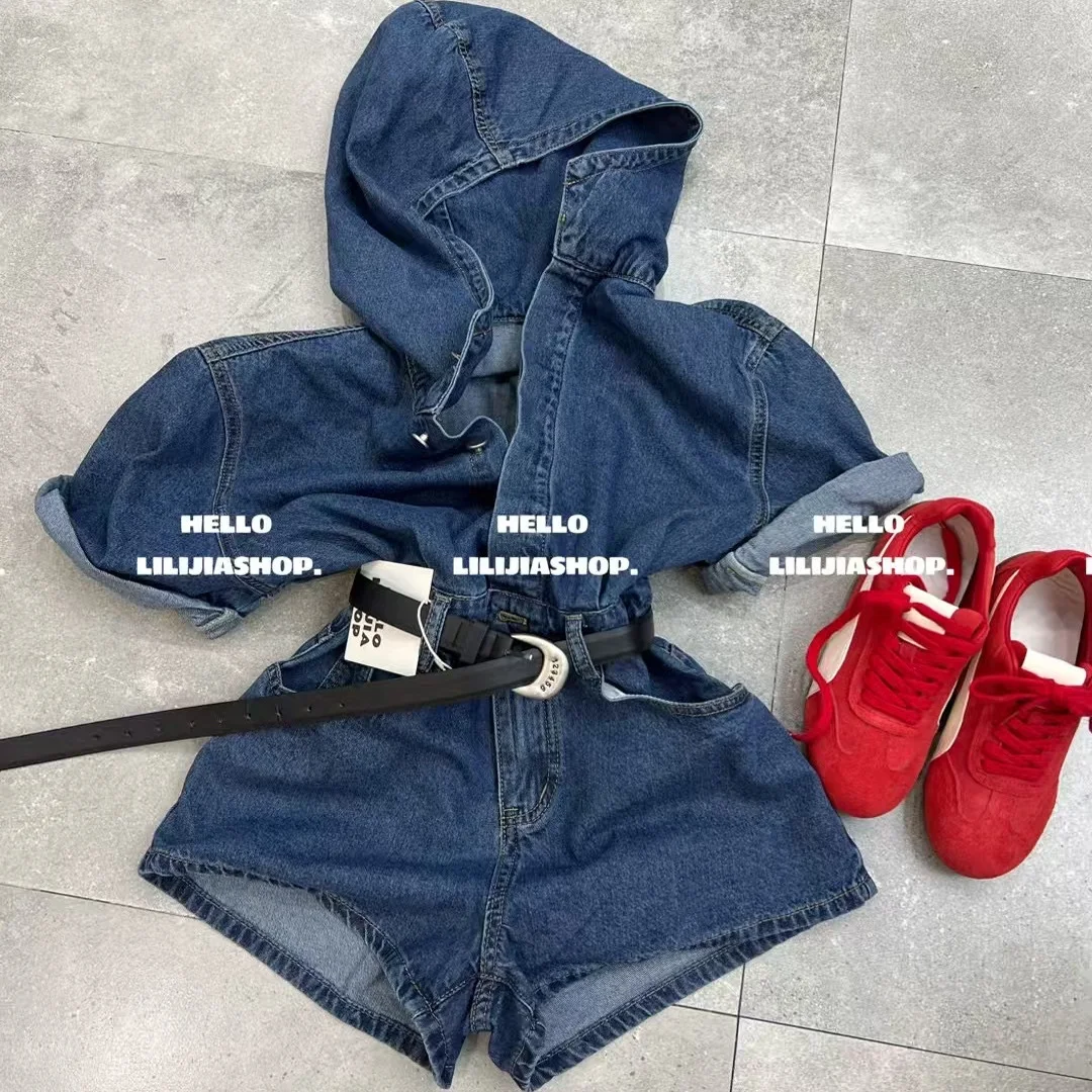 

Retro Hooded Denim Jumpsuit Women's Design Sensation High-End ort Pants Commute Sle High Waist ort Length