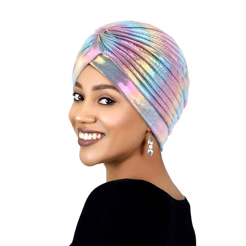 Colorful New Women Laser Silky Ruffle Metallic Turban Hair Cover Accessories Wave Caps Bonnet Salon Hat Turban Headwrap