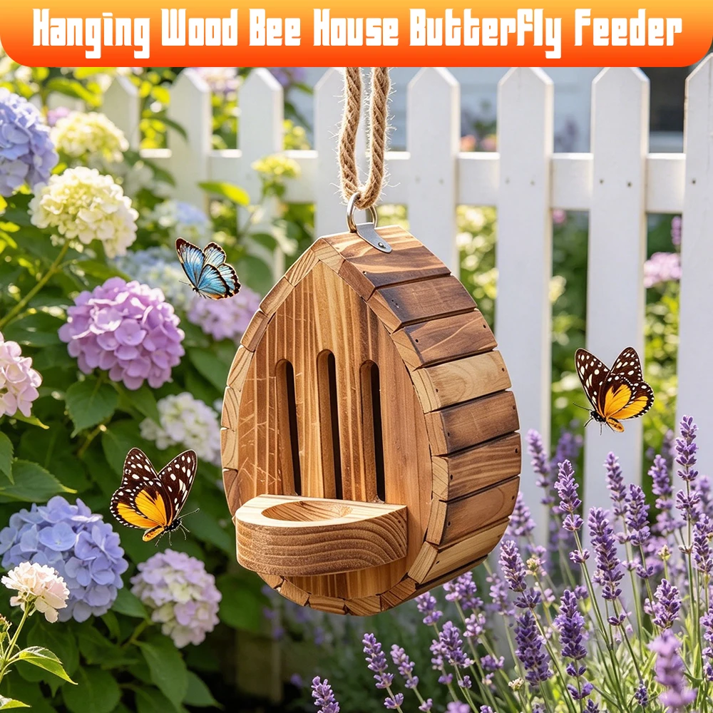 For Garden For Garden Butterflies And Bees Wooden Hanging Butterfly House, DIY Natural Habitat With Feeder Pollinator House
