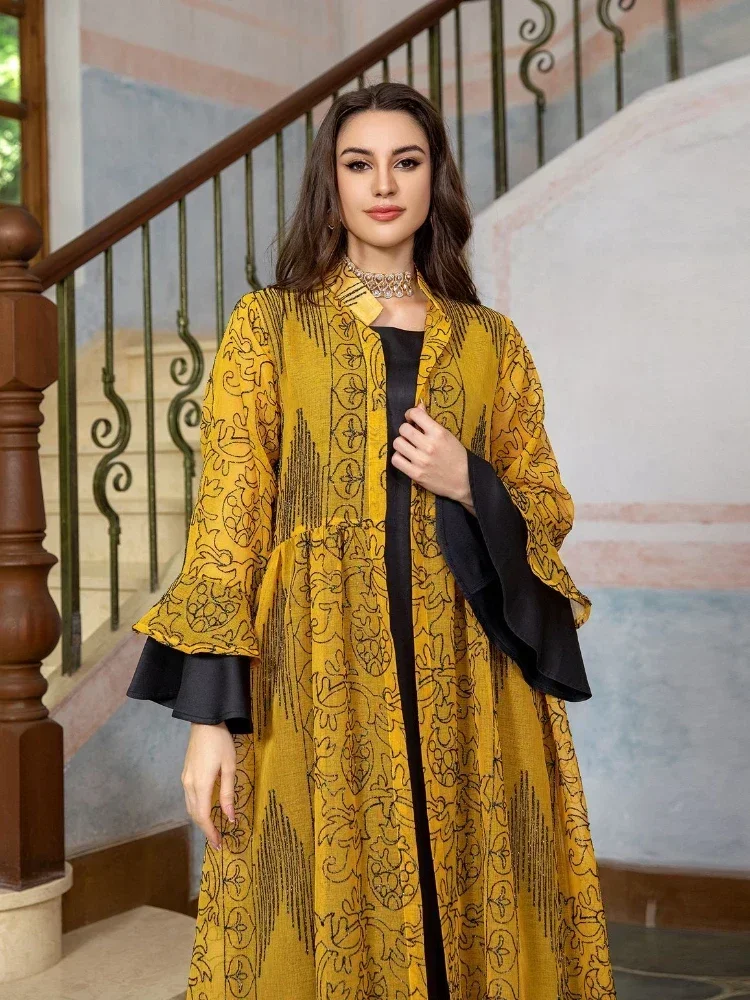 Eid มุสลิม 2 ชิ้นชุดผู้หญิง Abaya Ruffle แขนยาว Musulman ชุดเดรส Ramadan Abayas Kaftan Vestido