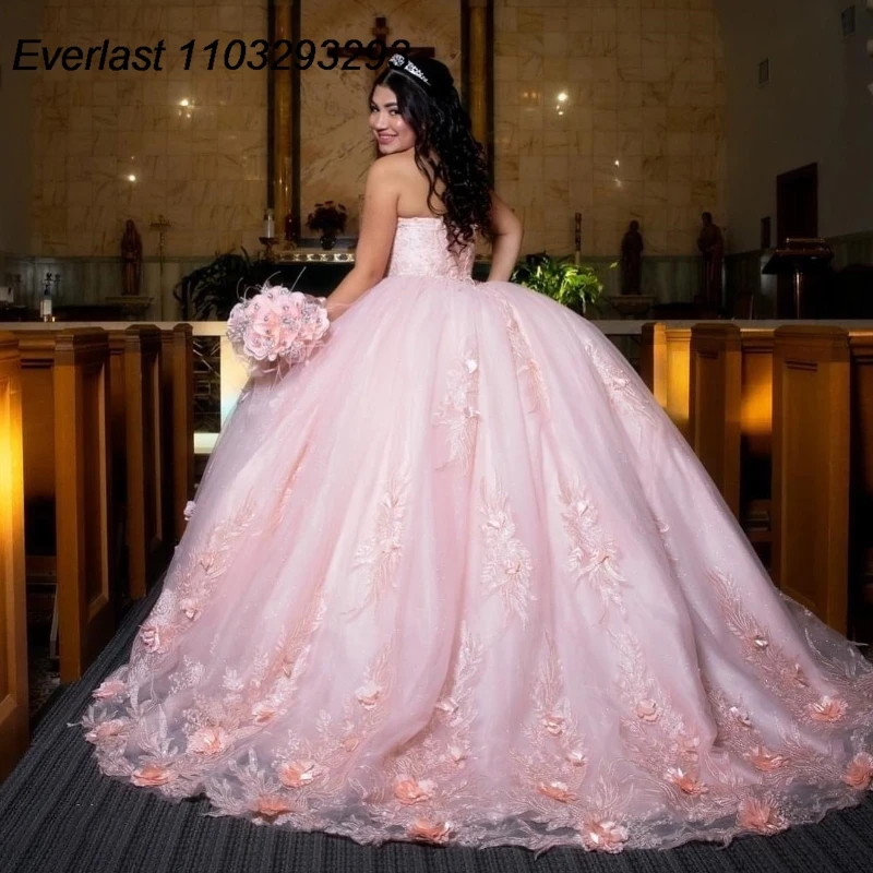 Evlast Sprankelende Roze Quinceanera Jurk Baljurk 3d Bloemen Applique Kralen Kristallen Mexicaans Zoet 16 Vestido De 15 Anos Tqd320