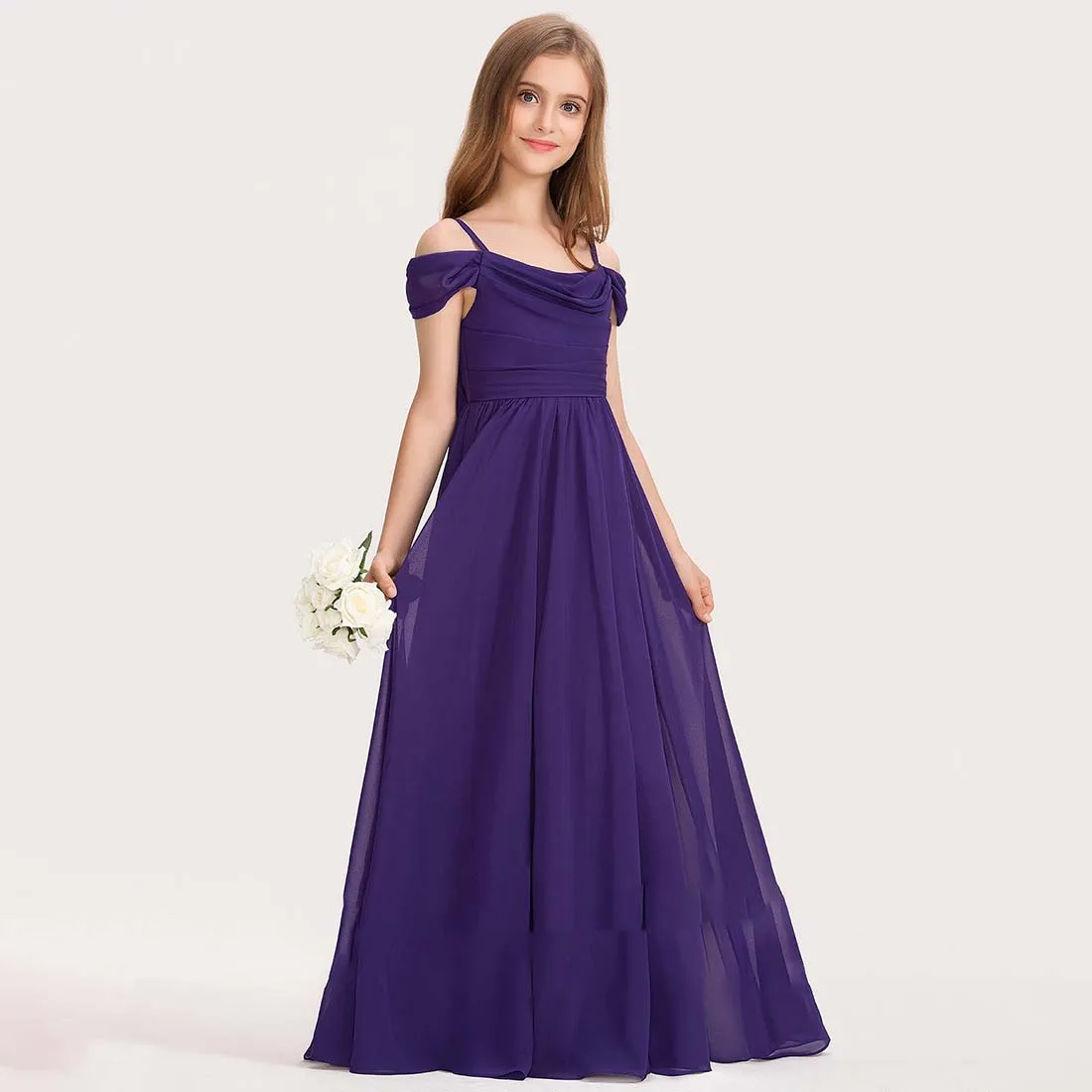 YZYmanualroom Chiffon Junior Bridesmaid Dress A-line Cold Shoulder Floor-Length 2-15T