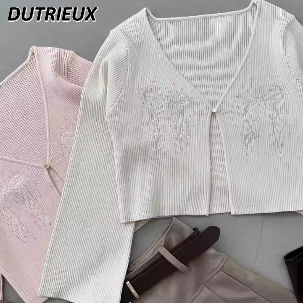 Spring and Autumn New Embroidered Bow Sweet Girl One Button Cardigan Solid Color Versatile V-Neck Short Knitted Sweater