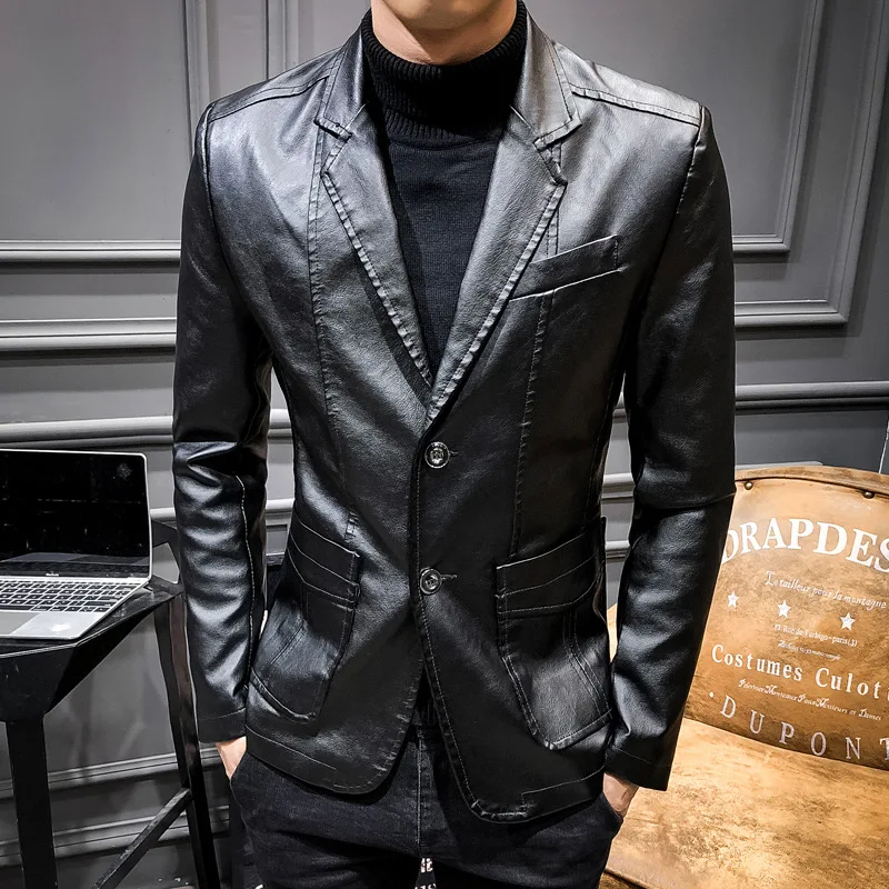 New Fashion Men Slim Leather Blazers Jackets PU Leather Suits Coats Spring Male Business Casual Fit Suits Jackets Size 6XL