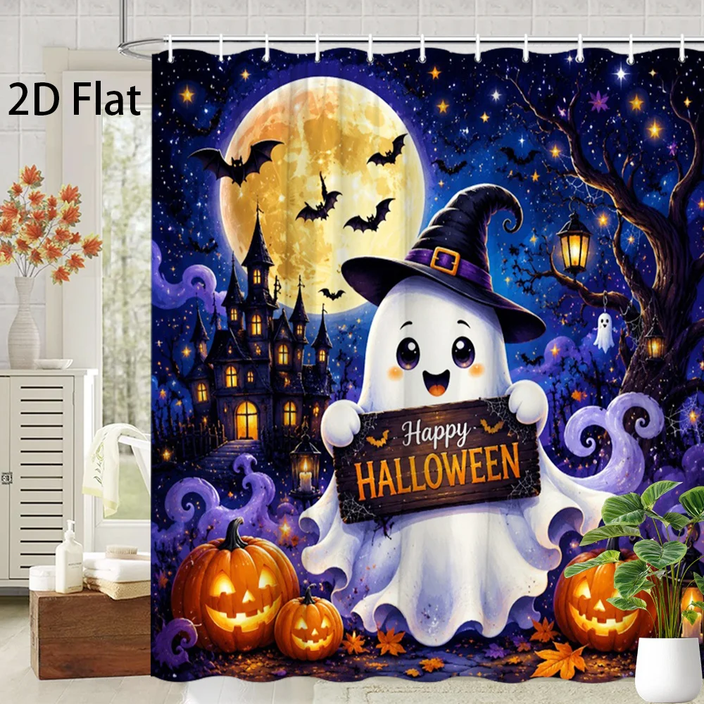 Cute Ghost Shower Curtain, Witch Hat & Happy Halloween Sign Print Waterproof Bathroom Decor, Spooky Castle Home Bath Screen
