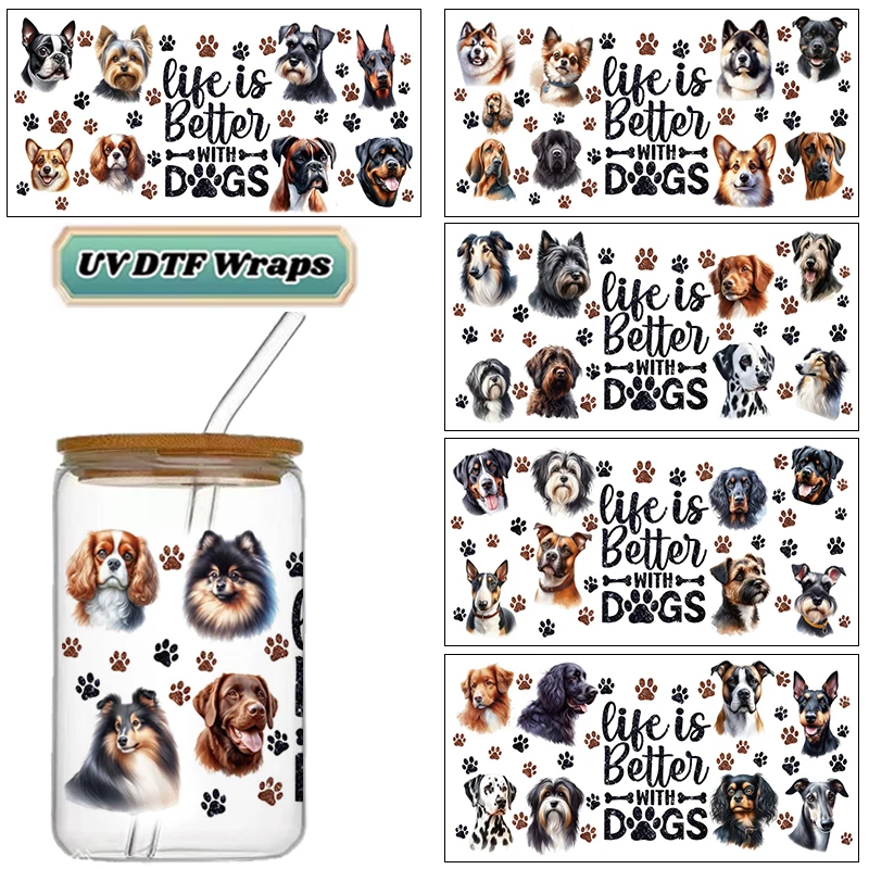 Life is Better with Dogs UV DTF Wraps, Multi-Breed Dog & Paw Print Stickers for 16oz Glass Cans, Waterproof DIY Decals
