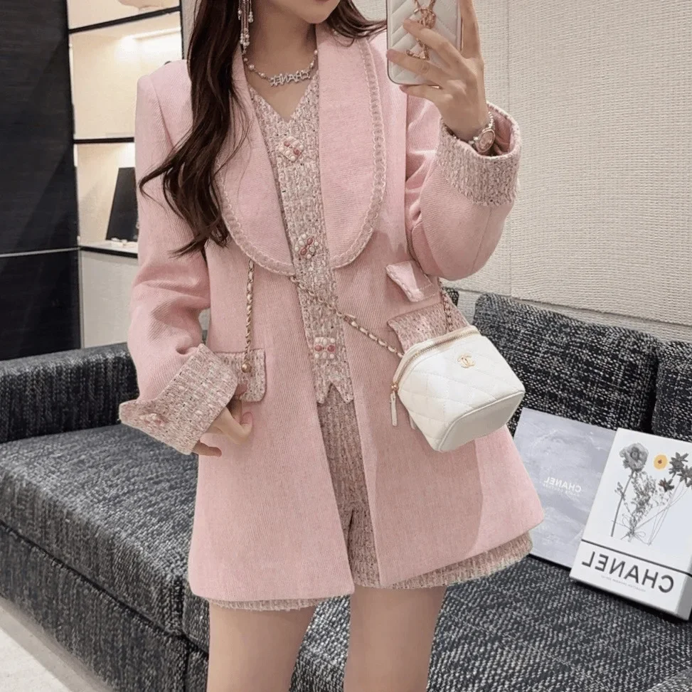 2024 Autumn Winter New Original Designer Pink Suit Blazer Coat Women Jacket Celebrity Light Luxury Splicing Fake Two-piece Suit