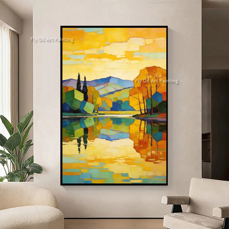 Dark Blue Field White Cloud Sky Canvas Artwork Simplism Home Wall Art Decor Hand Drawn Yellow Country By The Lake Oil Painting