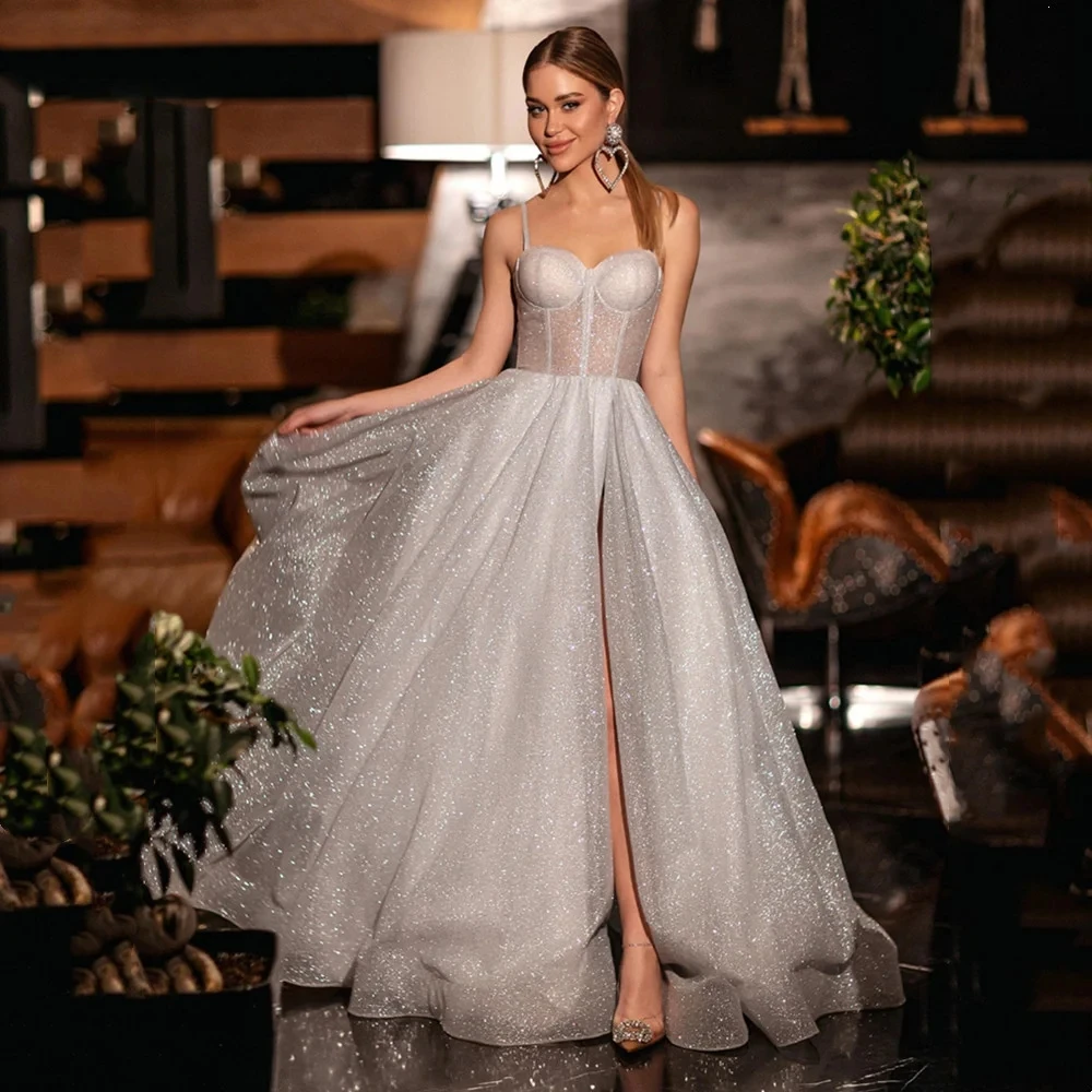 

Candy Color Evening Dresses Sexy Side Slit Backless Fluffy Pleat Sequined Ball Gowns A Line Formal Bridal Beach Party Vestido