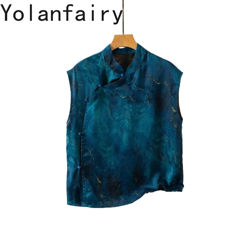 

YOLANFAIRY 100% Natural Mulberry Silk Shirts for Women Fashion Watered Gauze Tanks Top Woman Summer Elegant Blouse Fashion Shirt
