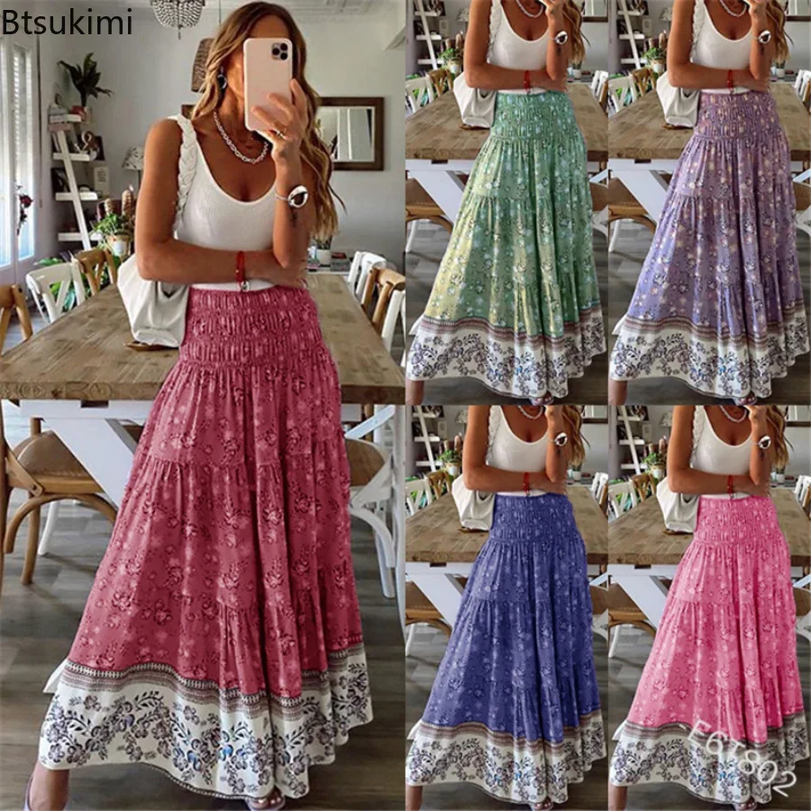 

2024 Women's Summer Maxi Skirt Dress Floral Print Elegant High Waist Skirts Female Beach Floral A-line Long Skirts Kawaii Dress