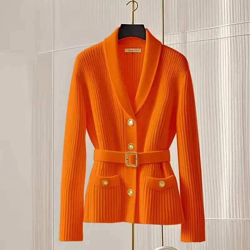 Women‘s Fashion Knitted Cardigan Sweater 2025 NEW Spring Autumn Top Coat Pocket V Collar Knitwear Match Belt Jacket Female
