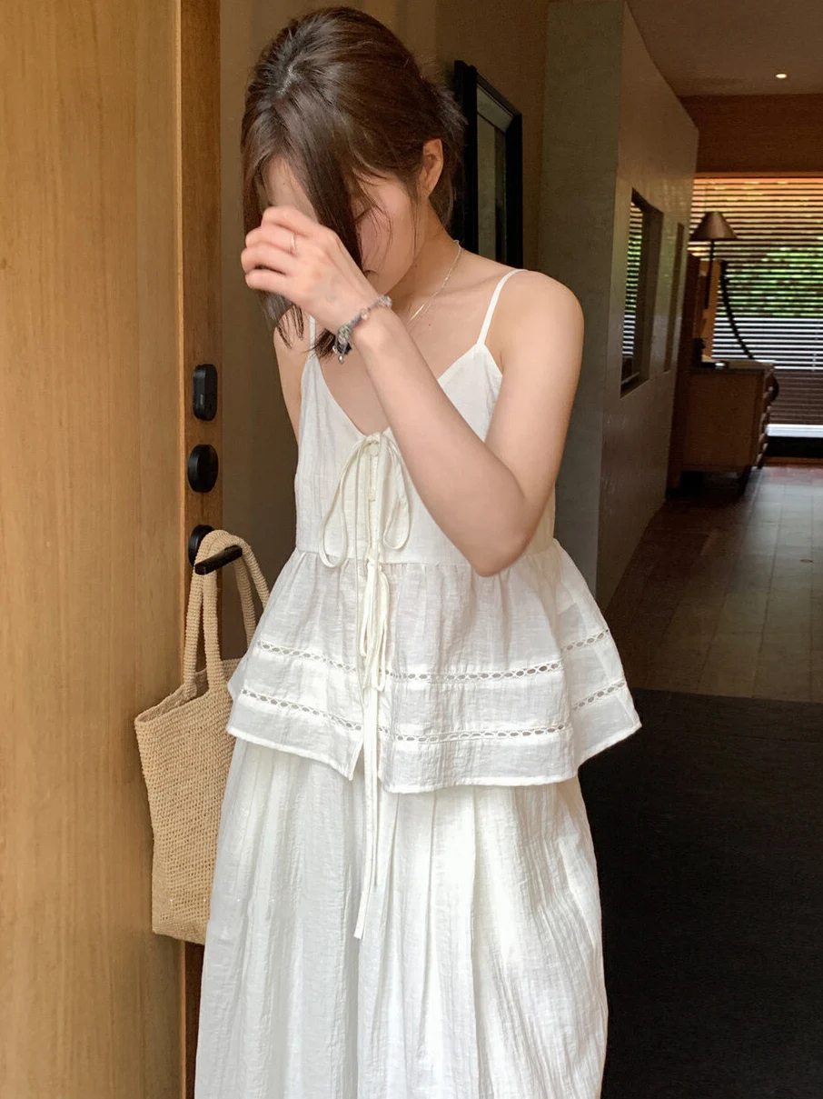 Summer Thin Two-Piece Set Women's Korean Sle Sweet Strapl Belted Loose Casual Pants Comfortable Breathable Faion Set